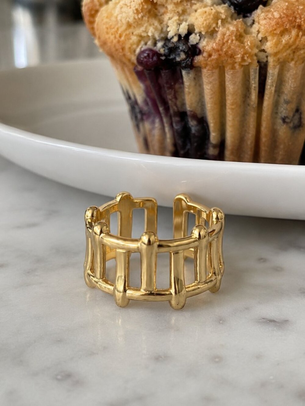 18K Gold Plated Stainless Steel Cage Statement Ring Art Deco Adjustable 6-9